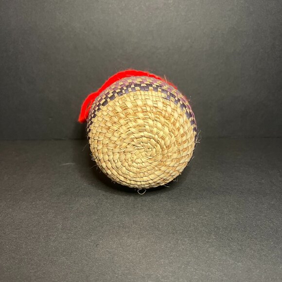 Hand-Woven Small Purple & Green Olla Basket Jar w/ Lid & Red Carrying Handle 5" - Picture 8 of 8